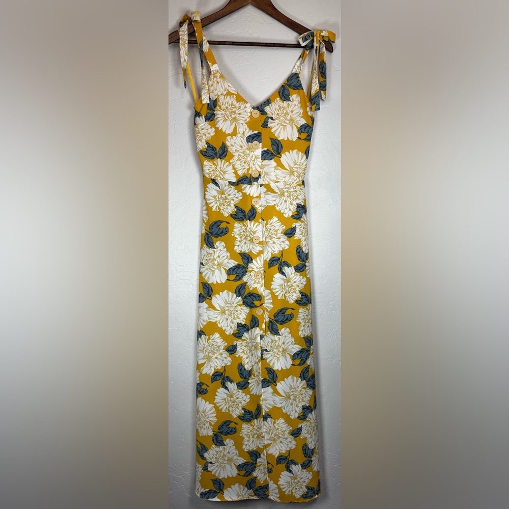 Monteau Tie Shoulder Stretchy Yellow Floral Maxi Dress Size Small